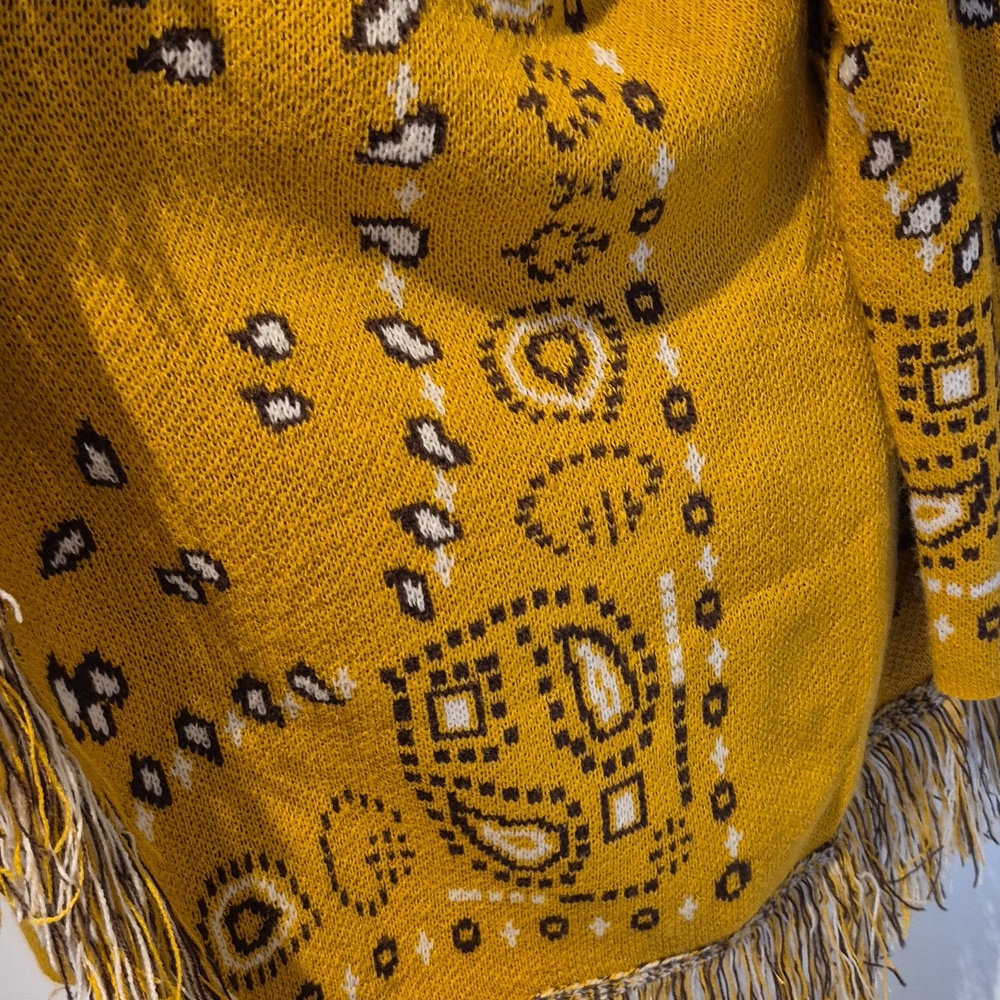 Cato Fringed Mustard Open-Front Bandana Print Knit Cardigan size XL - Picture 3 of 6